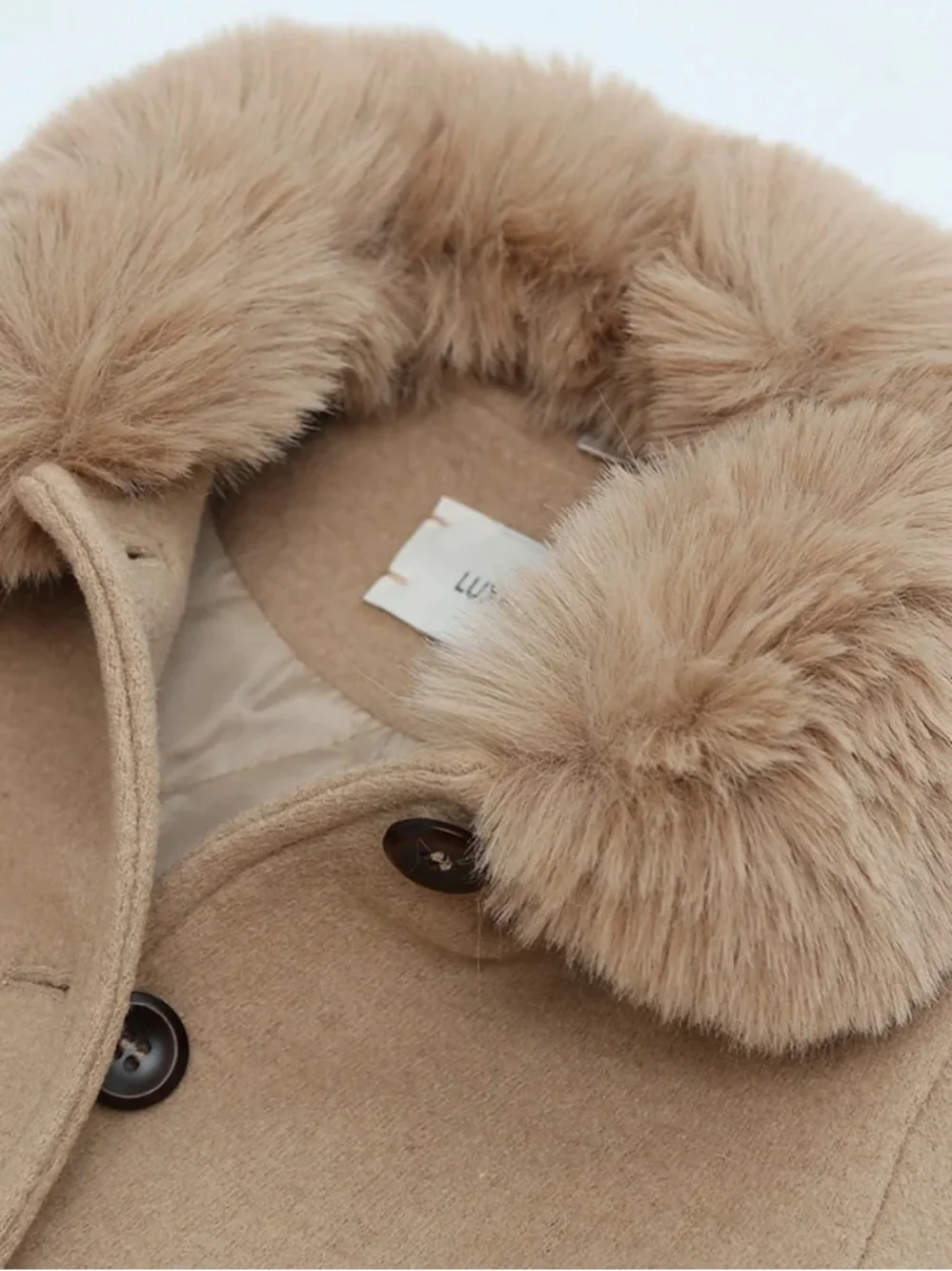 Classic Kids' Tan Wool-Blend Pea Coat with Faux Fur Collar